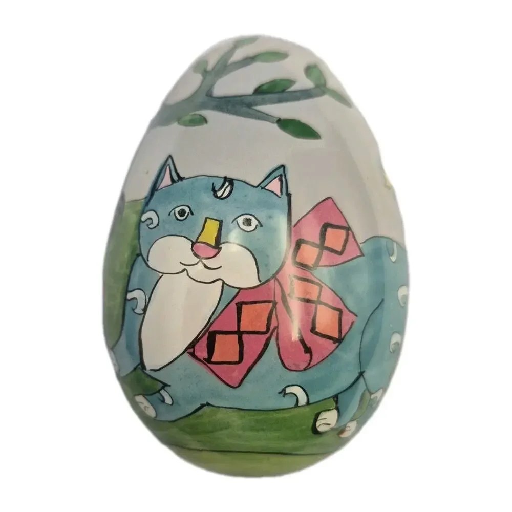 Vintage Reverse Painted Glass Egg with Adorable Cats Signed 3x1.5